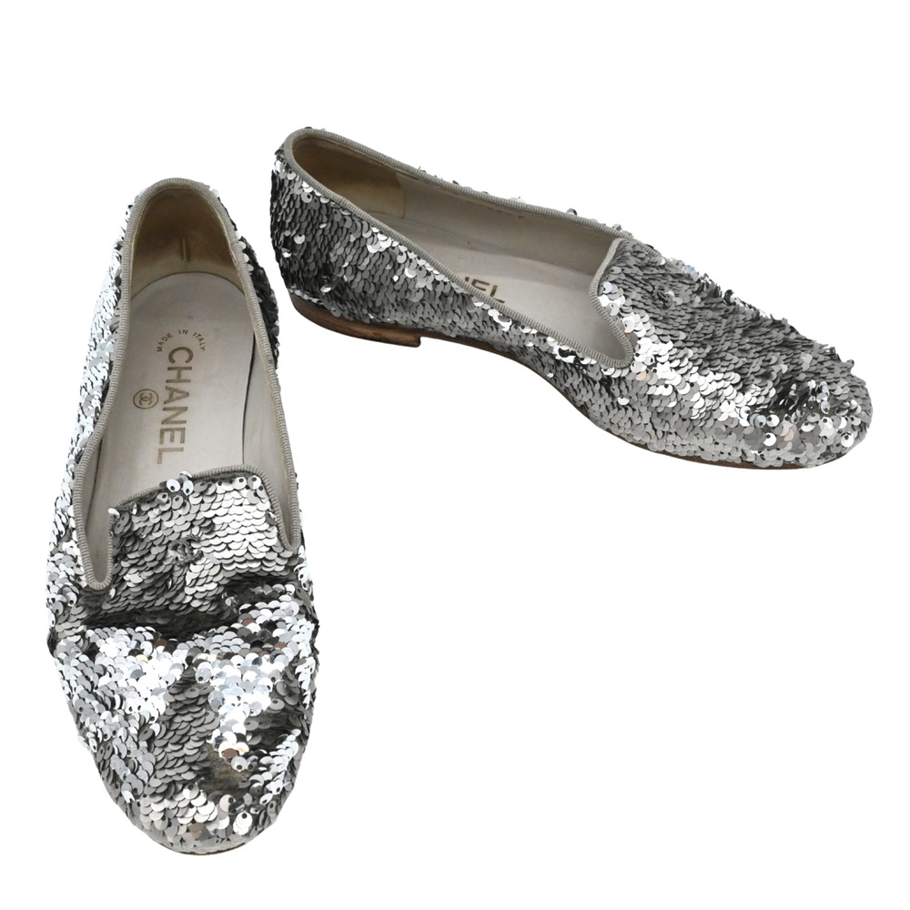 CHANEL Silver Sequin Loafers Estimated Size 7